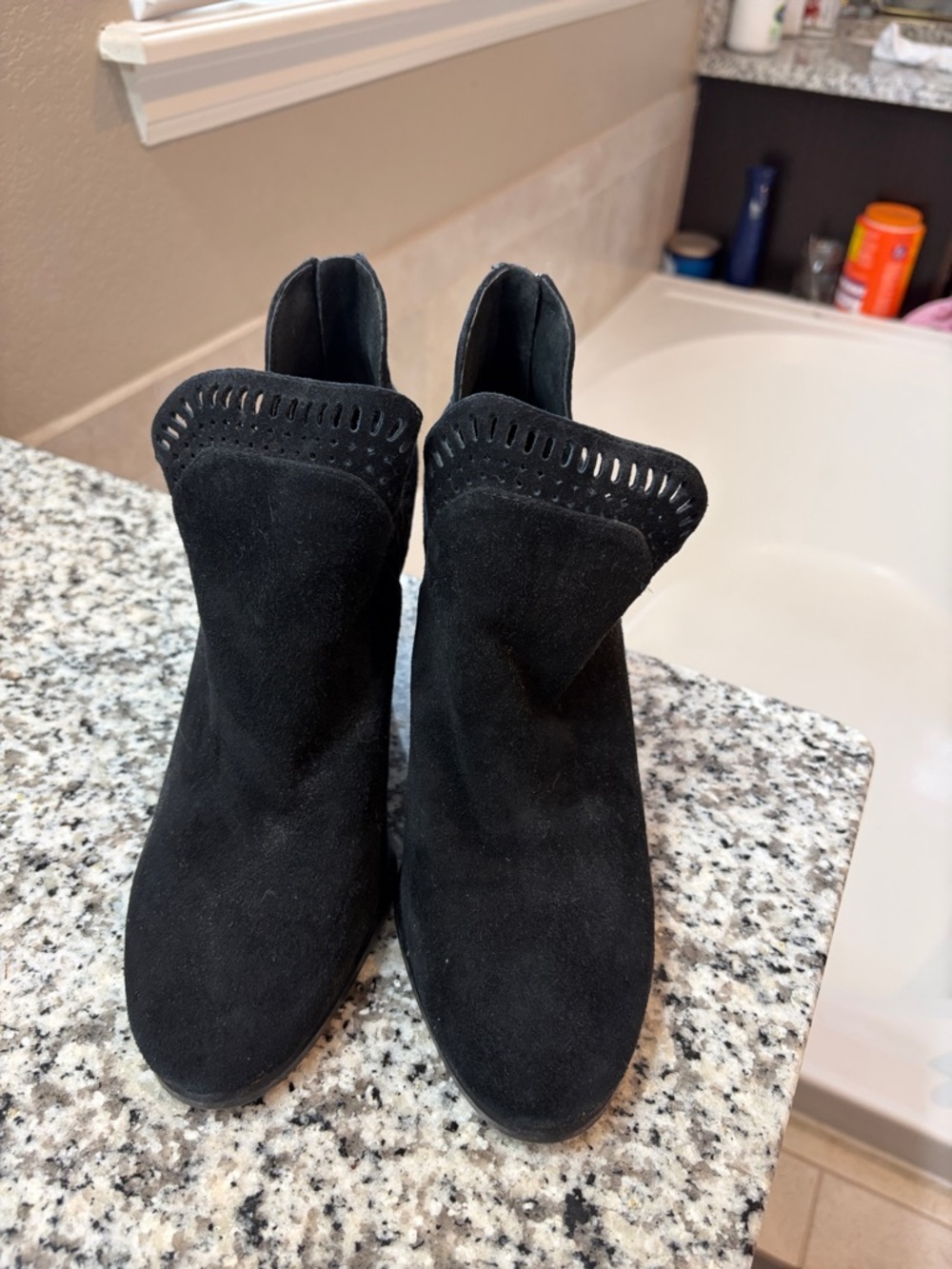 Vince Camuto Black Suede Cutout Collar Ankle Booties